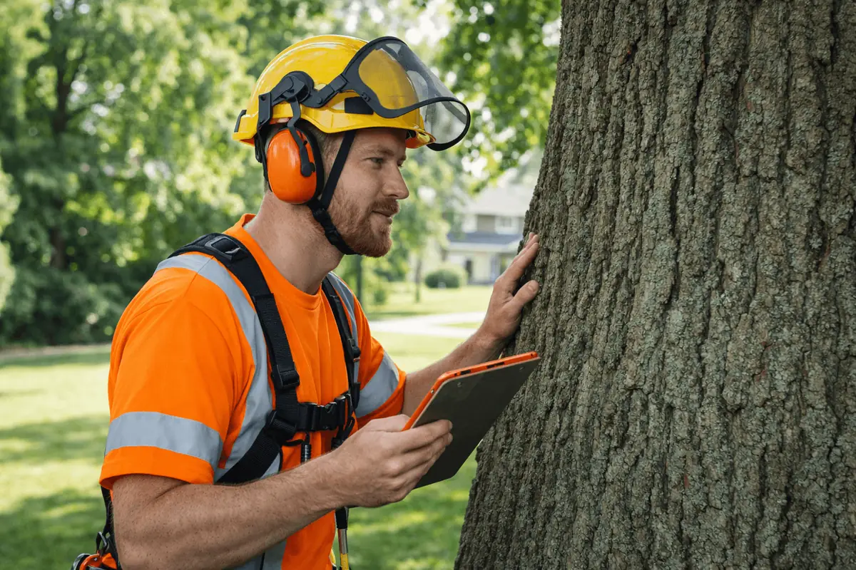 Certified Arborist performing tree risk assessment in park